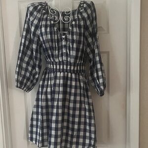 J. Crew Navy and White Plaid Long Sleeve Dress
